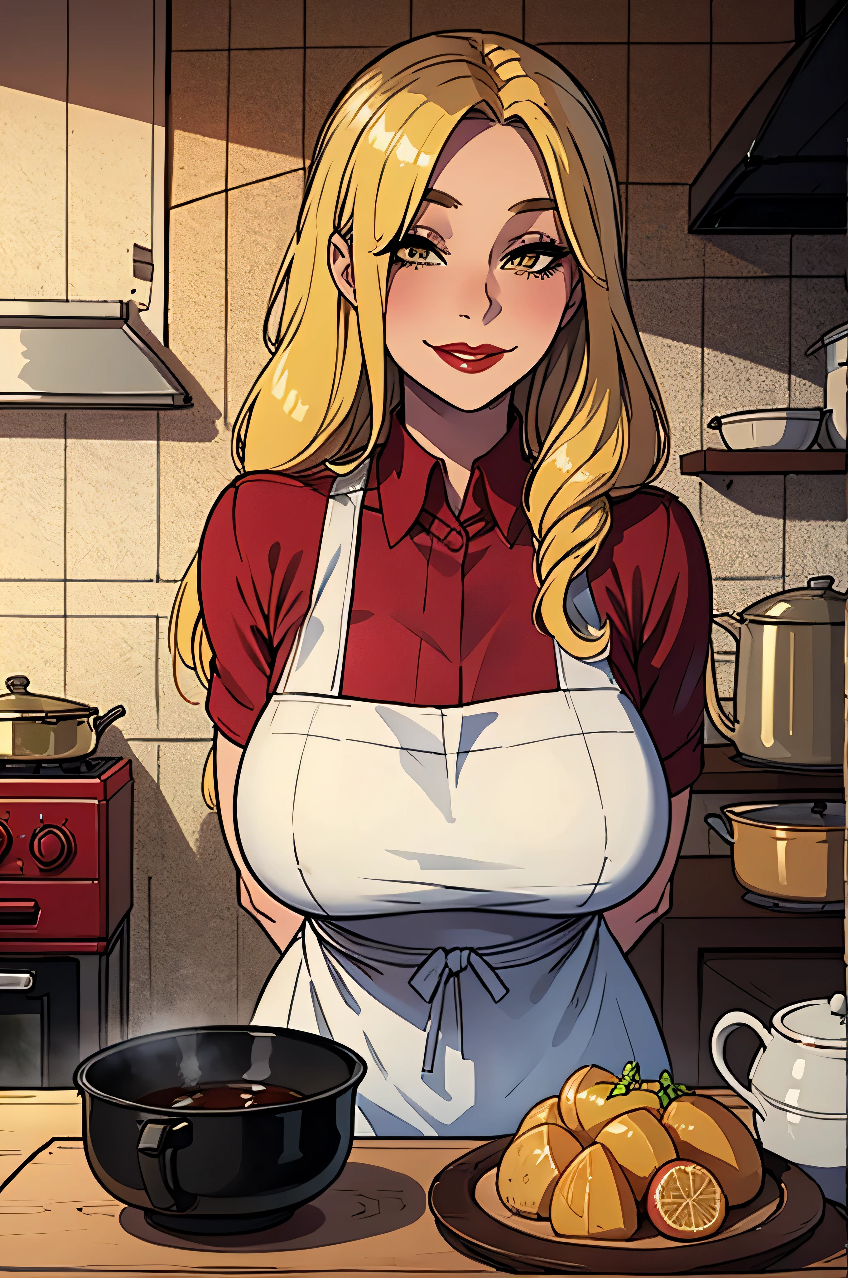 Masterpiece, best quality, 30 years old, traditional house wife, motherly aura and figure, portrait, portrait style photo, female, olive skin, face in center of photo, arms behind back, teasing, motherly expression, big smile,no make-up, red lips, modest clothing and apron, long flowing hair, pastel yellow hair, country house kitchen setting, hazel eyes, beautiful 