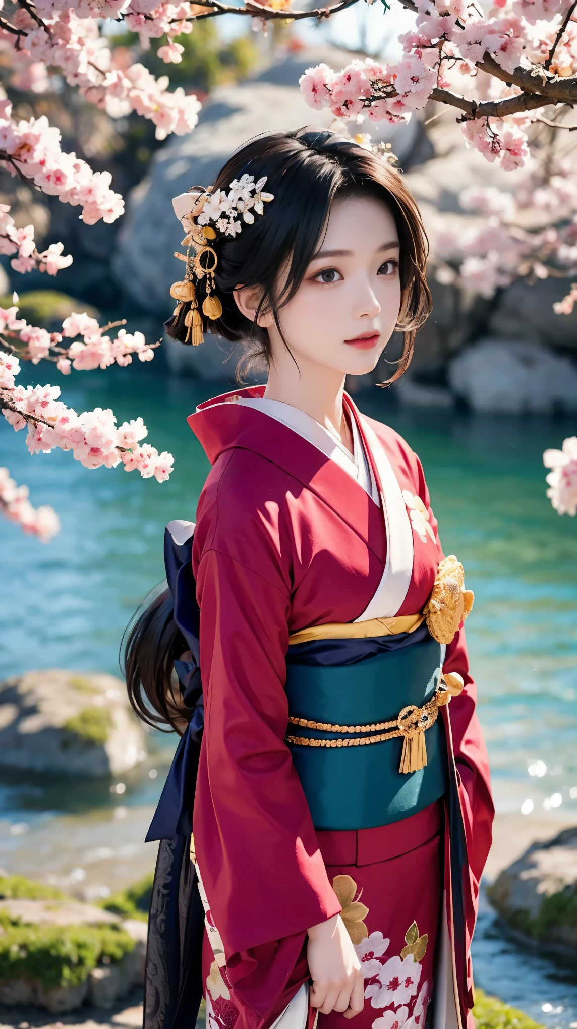 One girl,Black Hair, floating hair, Seaside,景color,landscape,cherry blossoms, Falling petals, Sunbeam,God&#39;s Rays,Upper Body,  color,dress,kimono