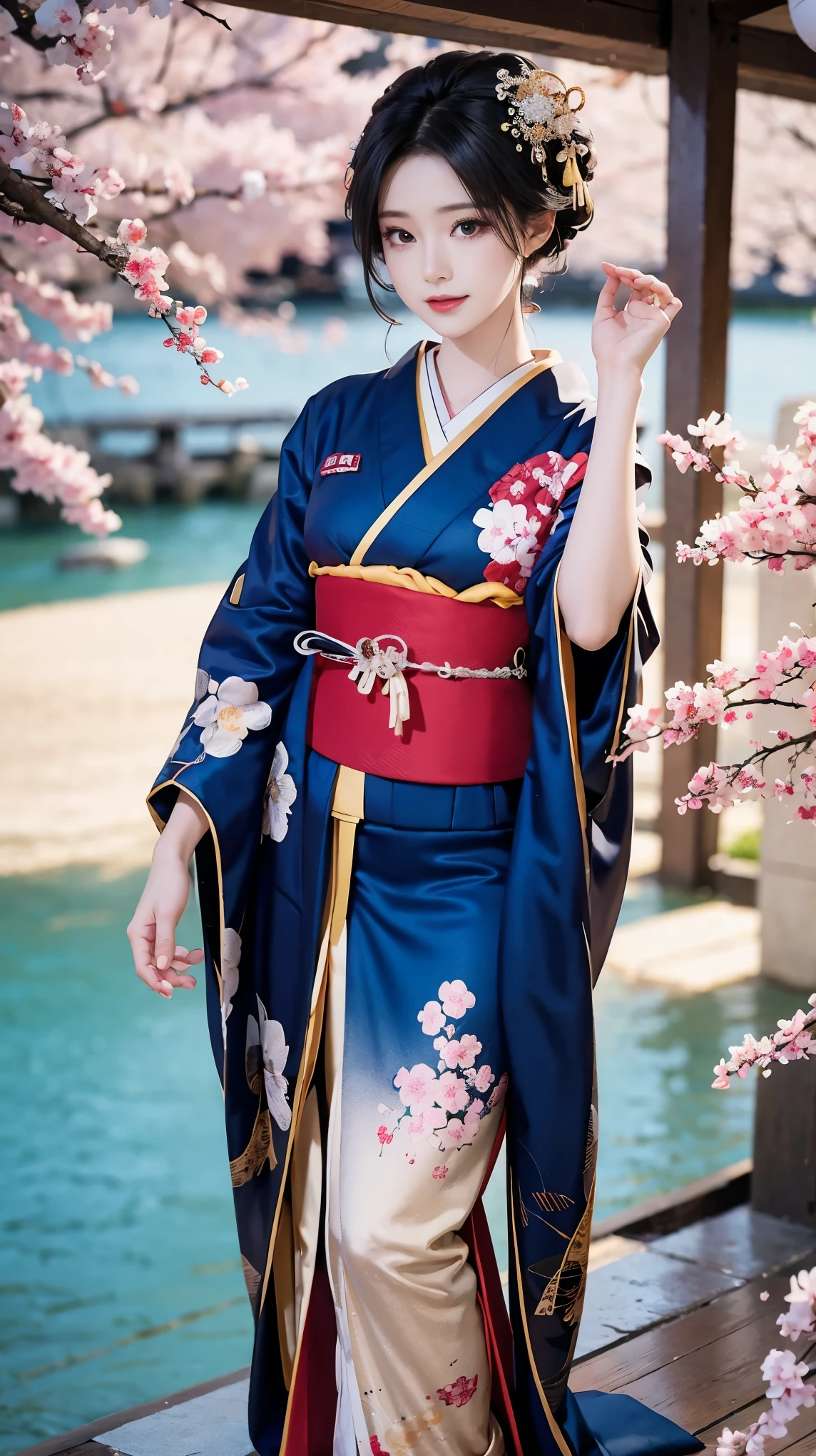 ein Mädchen,Schwarzes Haar, schwebendes Haar, Strand,景Farbe,Landschaft,Kirschblüten, fallende Blütenblätter, Sonnenstrahl,Gott&#39;s Strahlen,Oberkörper,  Farbe,Kleid,Kimono