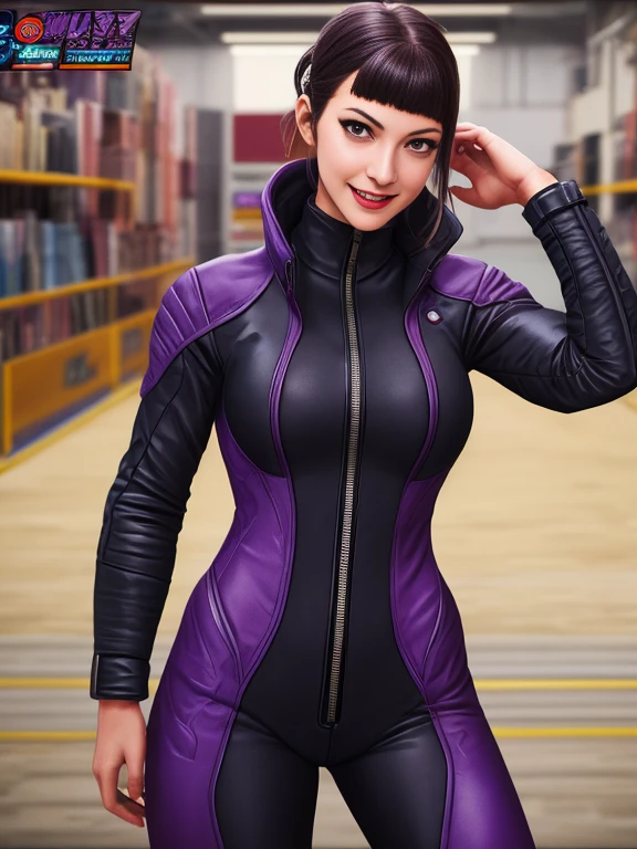 1girl, solo, highly insanely detailed, masterpiece, top quality, best quality, highres, 4k, 8k, RAW photo, comic style, lineart, smile, 1girl, Juri Han, vault jumpsuit, purple and black jumpsuit. 