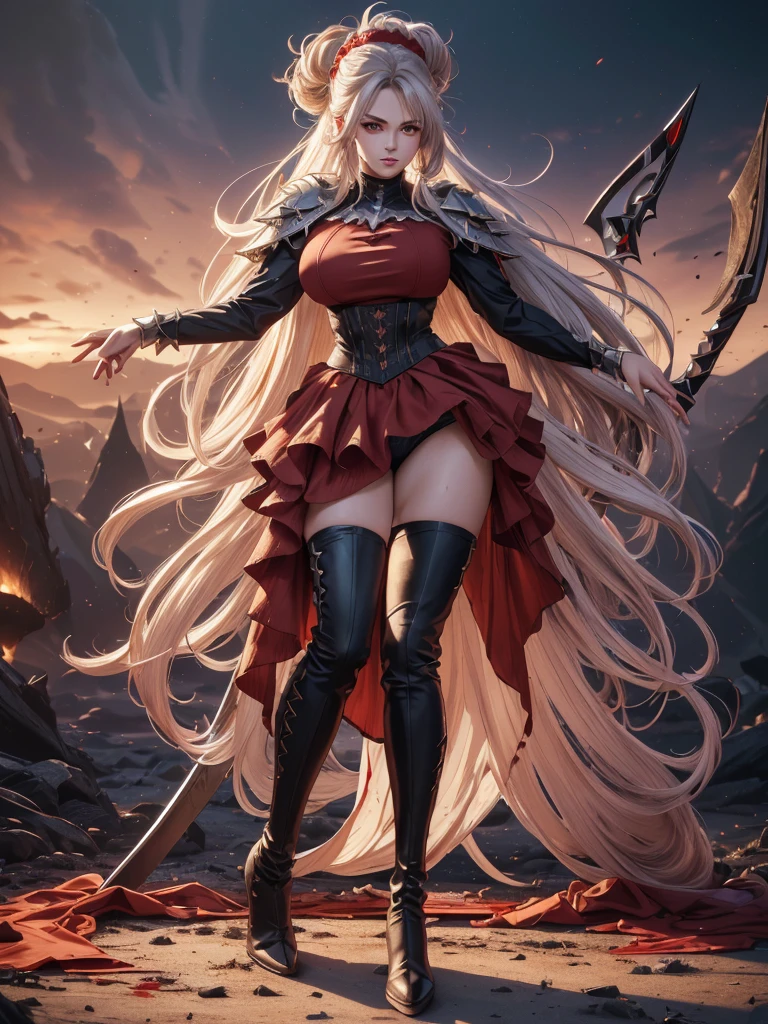 (((Full-length portrait))),(best quality,4k,8k,highres,masterpiece:1.2),ultra-detailed,(realistic,photorealistic,photo-realistic:1.37),Final Fantasy, (detailed long white hair), detailed sexy girl, alluring appearance, single confident girl, (voluptuous figure), Dark Knight, Great Sword, 4K, HDR. (Sharp focus: 1.5), (sharp focus:1.2), (natural makeup:0.85), (large breasts:1.0), (petite body:1.2), ((Full Body Portrait)), (Long Legs), (Black Full Plate Metal Bikini Armor), Sexy Legs, ((Full Body View)), (Tall Girl), (Head to toe view) Glowing Red Eyes, (Messy bun Hair), Cute pose, Full plate thigh high boots, (((Full-length portrait))), blood red skirt