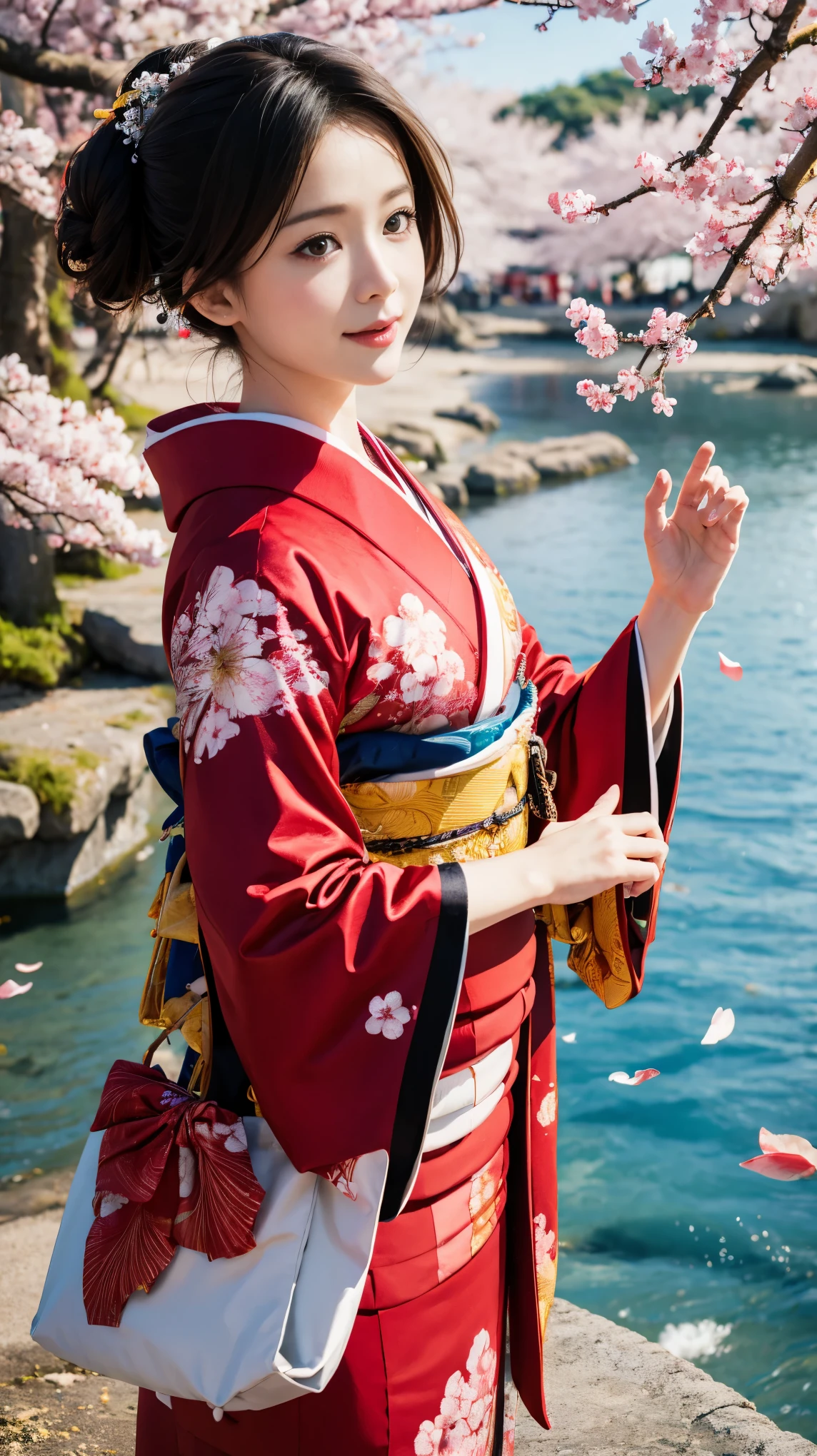 une fille,cheveux noirs, Cheveux flottants, bord de mer,景couleur,paysage,fleurs de cerisier, pétales qui tombent, rayon de soleil,Dieu&#39;s Rayons,haut du corps,  couleur,robe,kimono