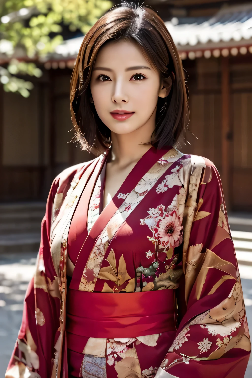 (red kimono:1.2),(kimono:1.2),(floral print),(Long sleeve),1 girl,whole body,(short hair),(Realistic:1.7),((highest quality)),Absurd,(Ultra-high resolution),(photoRealistic:1.6),photoRealistic,Octane Rendering,(hyperRealistic:1.2), (photoRealistic face:1.2), (8k), (4K), (masterpiece),(Realistic skin texture), (figure, Cinema Lighting,wallpaper),( Beautiful Eyes:1.2),((((Perfect Face)))),(cute),(Are standing),Red lips, Outdoor,(Japanese style courtyard),