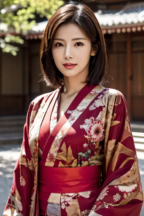 (red kimono:1.2),(kimono:1.2),(floral print),(Long sleeve),1 girl,whole body,(short hair),(Realistic:1.7),((highest quality)),Ab...