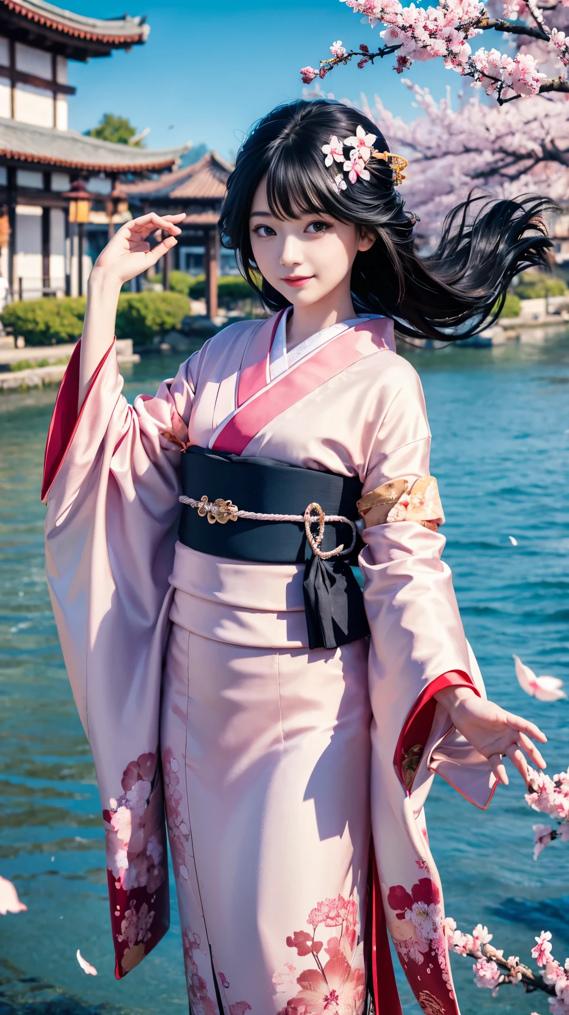 une fille,cheveux noirs, Cheveux flottants, bord de mer,景couleur,paysage,fleurs de cerisier, pétales qui tombent, rayon de soleil,Dieu&#39;s Rayons,haut du corps,  couleur,robe,kimono