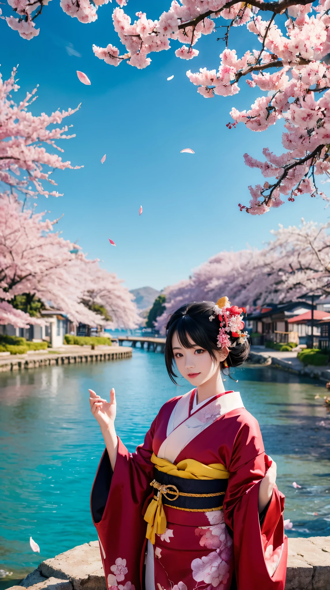 One girl,Black Hair, floating hair, Seaside,景color,landscape,cherry blossoms, Falling petals, Sunbeam,God&#39;s Rays,Upper Body,  color,dress,kimono