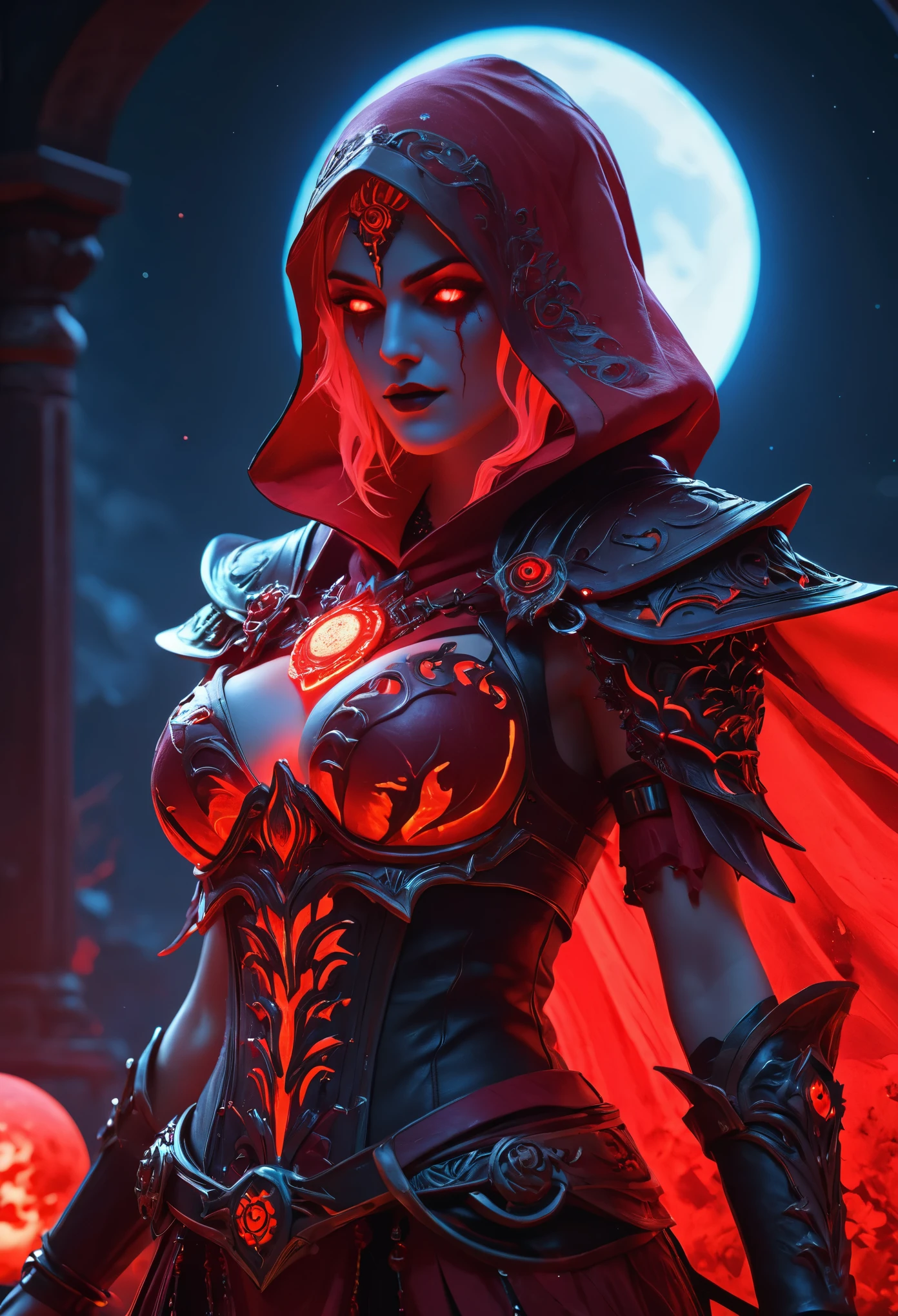 Red Necromancer, Blood Moon, Ray Tracing, masterpiece, highest quality, super high quality, 不条理なdetailed, best Light, Best Shadow, sharp, sharp image, detailed, extremely detailed, Amazing resolution, 8k, 4K, Ultra-high resolution, Particle Effects, Beautiful Effects, Vibrant colors, neon Light, neon, Light,