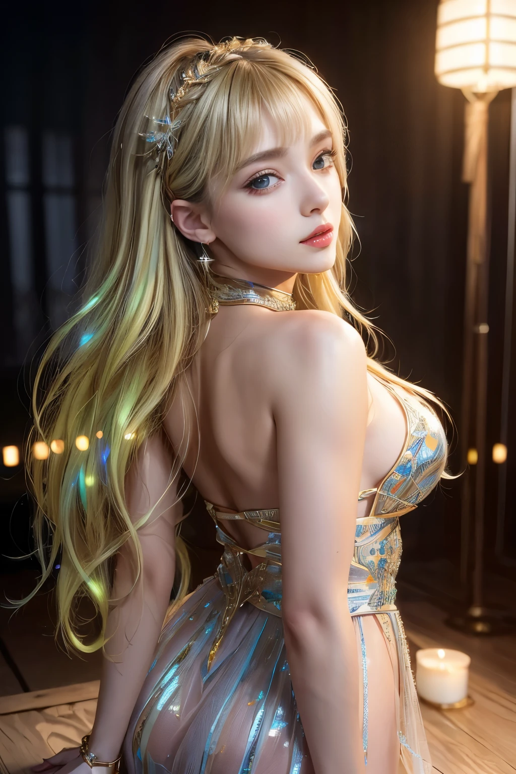 (Foto bruta de CG Unity 8k altamente detalhada:1.5)、as mais belas obras de arte do mundo、Uma garota,ídolo do j-pop、(transparente,olhos brilhantes,olhos âmbar,cílios longos)、Fotografar de um ângulo oblíquo,Mulher bonita olhando para trás、Olhando para o público、muito atrativo、