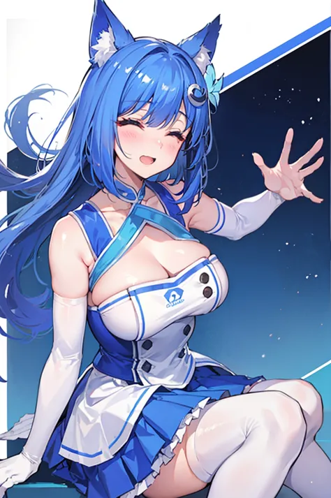 Yichen,Fox ears，Blue long hair,Hair accessories,Large Breasts,Bare shoulders,White Elbow Gloves.clavicle,Side Ponytail,White sto...