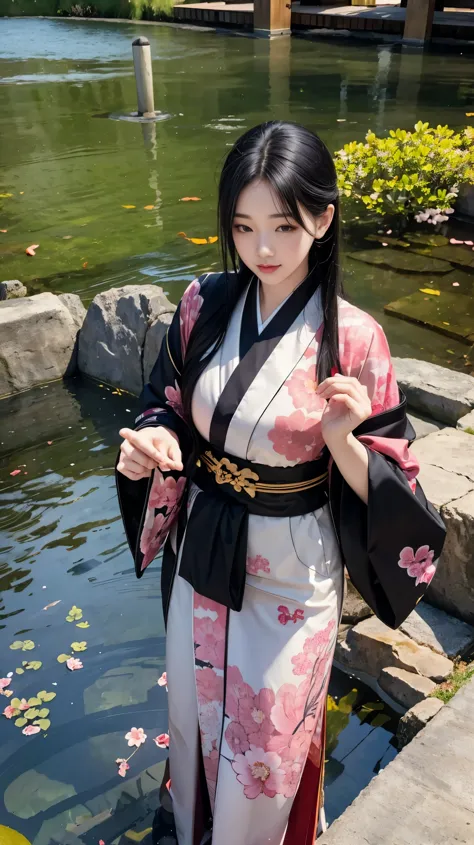 One girl,Black Hair, floating hair, Japanese garden，By the pond，景color,landscape,cherry blossoms, Falling petals, Sunbeam,God&#3...
