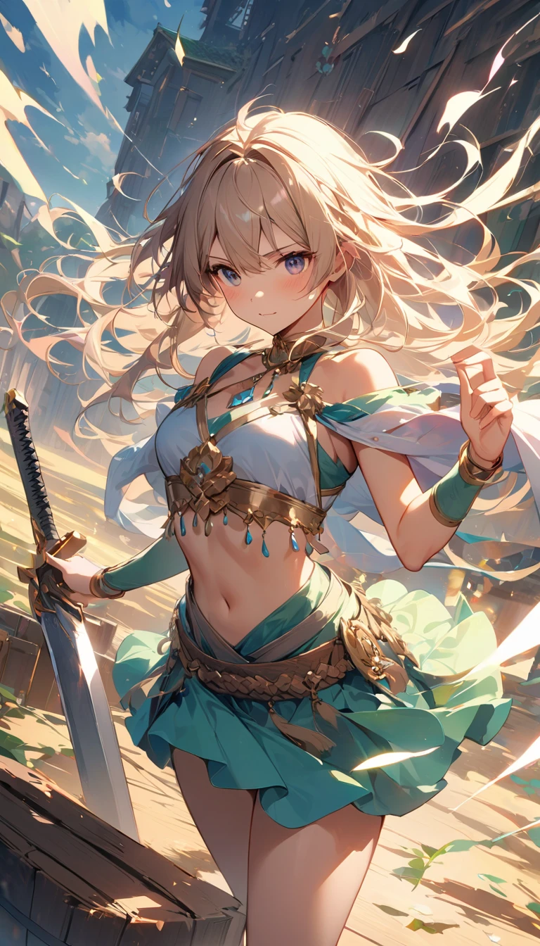 ((sword))in your hand,戦いを挑むsword士,She is dressed as a female dancer.,(swordを構える),An illustration,animation,sword士は女装をして敵を油断させました,Beautiful and cool,Neutral facial features,Empty sake barrel,Dancer&#39;s costume:detailed,Wide range of colors,colorful,rendering,Colorful,colorfulな呪文を唱える,Battle scene effects that liven up the battle,sword士に焦点をあてる,swordで戦います:Metal Reflection:Straight blade:sword,highest quality,最高masterpiece,複雑なdetailed,flash,とてもflash,Beautiful light and shadow,rendering,Zentangle Elements,Wind effects,masterpiece,最高masterpiece,Carefully and boldly,dynamic,Cowboy Shot