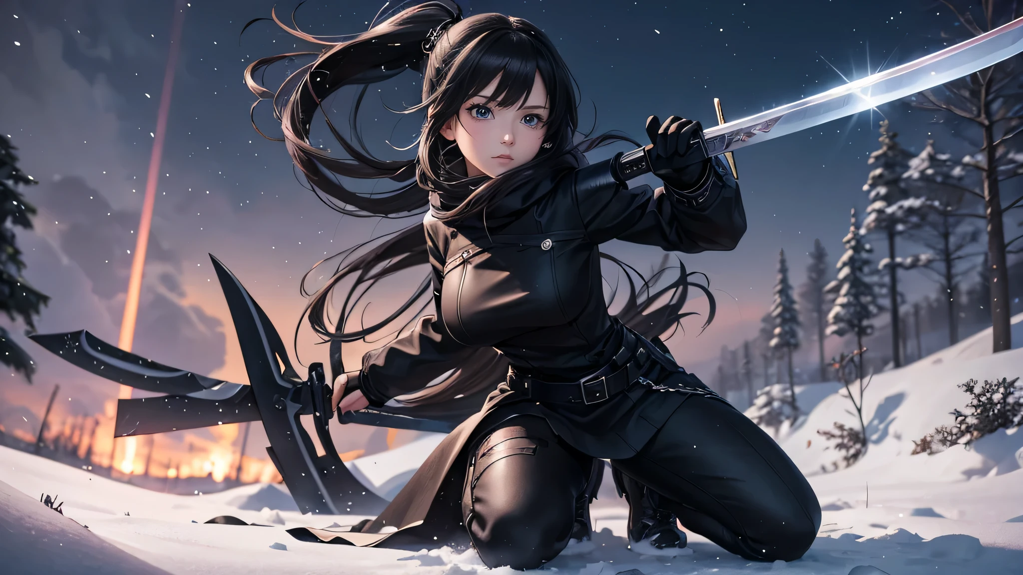 Anime-Mädchen kniet im Schnee, trägt schwarze Kleidung und hält ein Schwert, Erstaunlicher Anime 8k, sie hat ein Schwert, Anime-Stil 4K, Gweiz style artwork, Anime-Hintergrundbild 4k, Anime-Hintergrundbild 4k, Anime-Kunst-Tapete 8K, 4K-Anime-Hintergrundbild, anime-Kunst-Tapete 4k, anime-Kunst-Tapete 4k