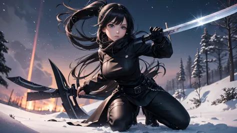 Anime girl kneeling in the snow wearing black clothes and holding a sword, Amazing anime 8k, She has a sword, Anime Style 4k, Gw...