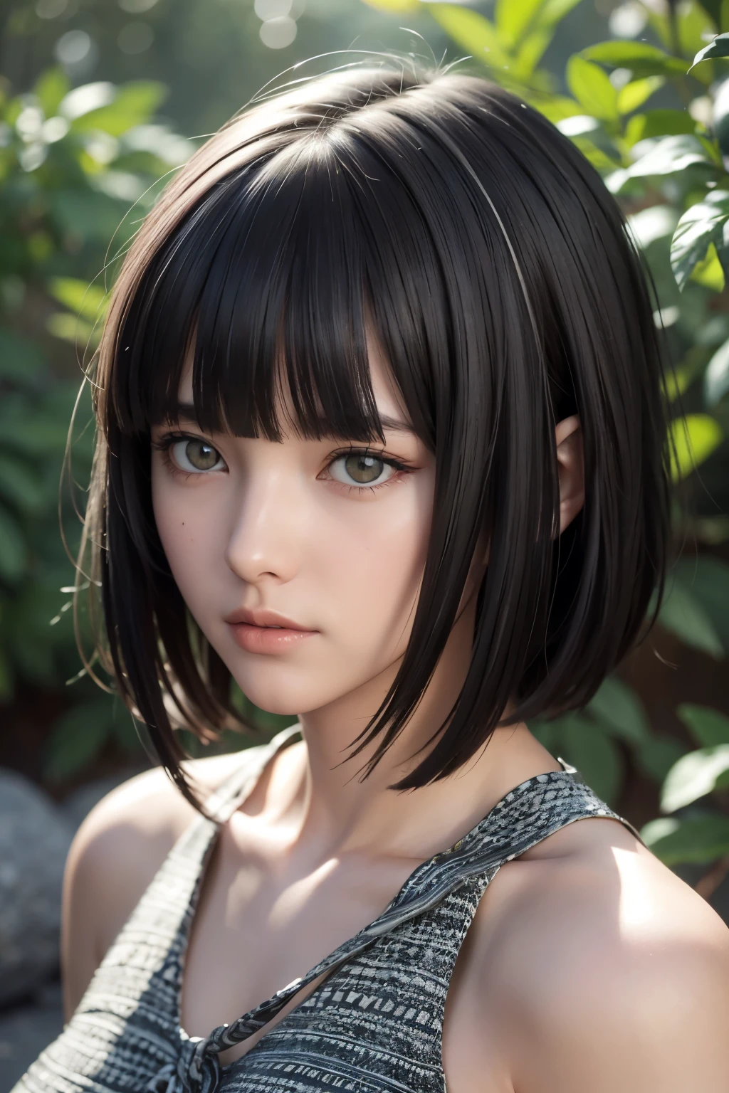 ４ｋ、Beautiful Eyes、whole body、Colorful Hair（gray）、whole bodyポートレート、Beautiful background、Tied Hair、Bobcut、textured skin, ccurate, highres, super detail