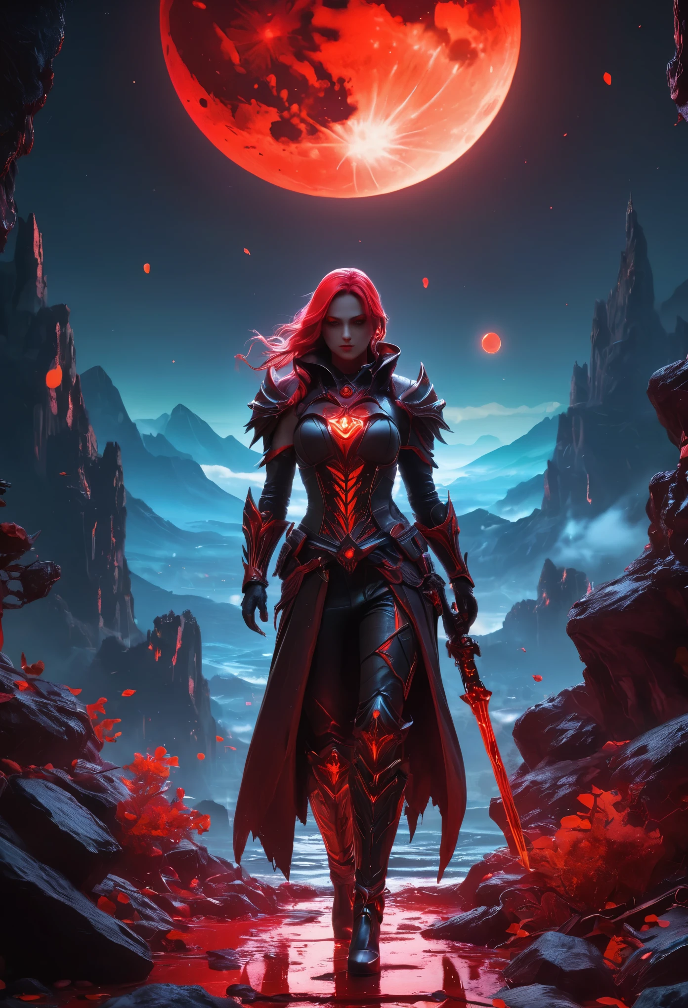 Red Necromancer, Blood Moon, Ray Tracing, masterpiece, highest quality, super high quality, Absurd detailed, best Light, Best Shadow, sharp, sharp image, detailed, extremely detailed, Amazing resolution, 8k, 4K, Ultra-high resolution, Particle Effects, Beautiful Effects, Vibrant colors, neon Light, neon, Light,