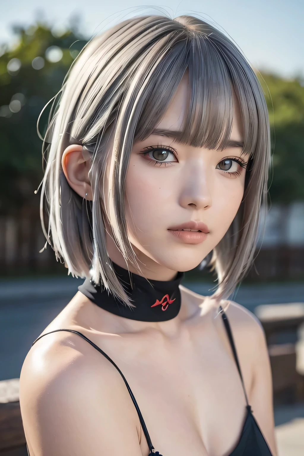 ４ｋ、Beautiful Eyes、whole body、Colorful Hair（gray）、whole bodyポートレート、Exposure、Beautiful background、Tied Hair、Bobcut