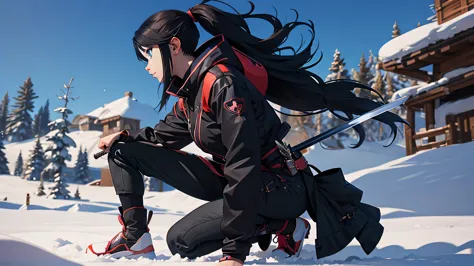 Anime girl kneeling in the snow wearing black clothes and holding a sword, Amazing anime 8k, She has a sword, Anime Style 4k, Gw...