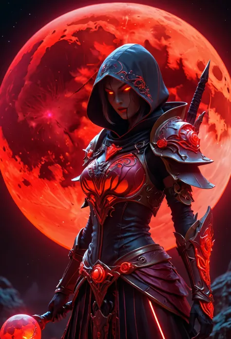 Red Necromancer, Blood Moon, Ray Tracing, masterpiece, highest quality, super high quality, 不条理なdetailed, best Light, Best Shadow, sharp, sharp image, detailed, extremely detailed, Amazing resolution, 8k, 4K, Ultra-high resolution, Particle Effects, Beauti...
