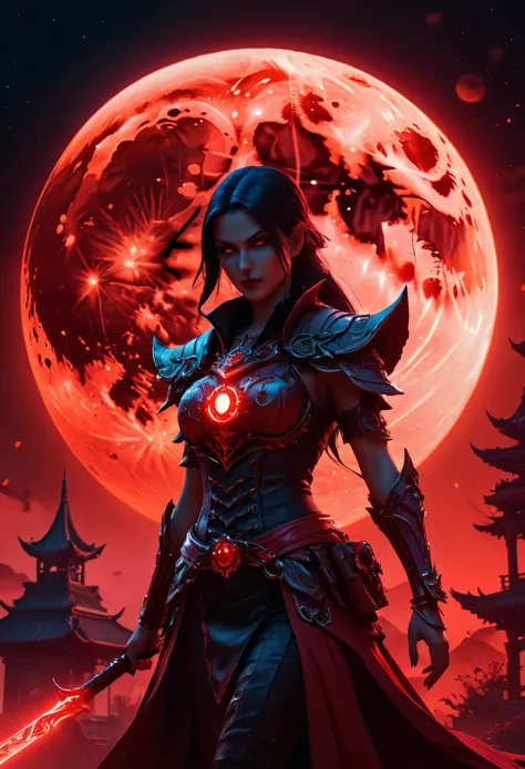 Red Necromancer, Blood Moon, Ray Tracing, masterpiece, highest quality, super high quality, 不条理なdetailed, best Light, Best Shado...