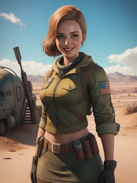 1girl, solo, highly insanely detailed, masterpiece, top quality, best quality, highres, 4k, 8k, fallout style, smile, 1girl, pip...