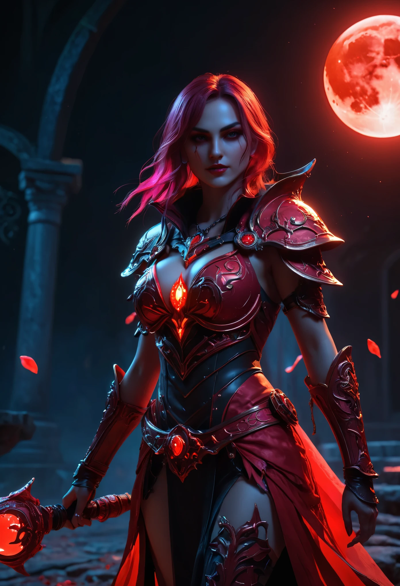 Red Necromancer, Blood Moon, Ray Tracing, masterpiece, highest quality, super high quality, 不条理なdetailed, best Light, Best Shadow, sharp, sharp image, detailed, extremely detailed, Amazing resolution, 8k, 4K, Ultra-high resolution, Particle Effects, Beautiful Effects, Vibrant colors, neon Light, neon, Light,