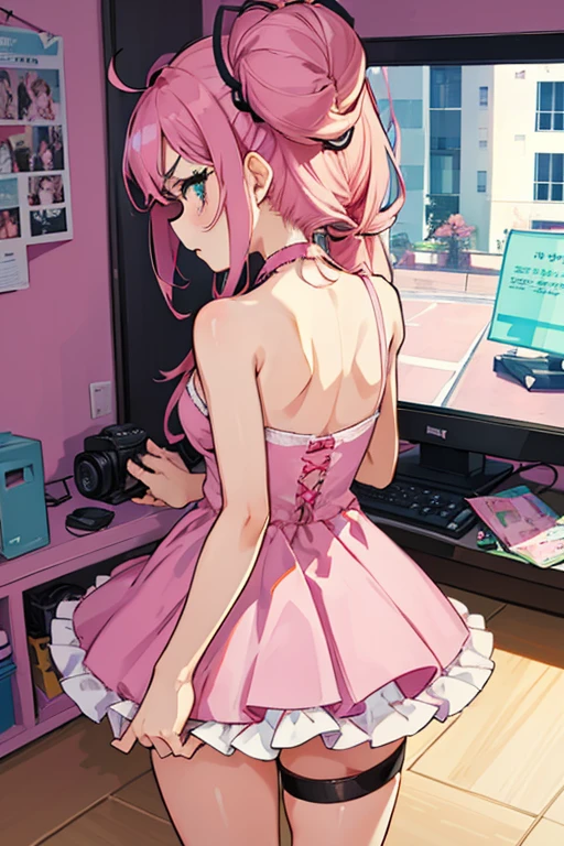 Girls with pink hair, long double-tailed hairstyle, ((small pink bushy eyebrows)), dressed in lolita clothes, marked vagina, lolicon (Zankuro) drawing style by zankuro artist, Zancro style, image uploaded to R34, changing of clothes in a room, semi naked with underwear in her hands looking away, not looking at the camera (hidden camera recording her, security camera filter recording her) (Getting fucked from behind while setting up a camera) semen in lower body
