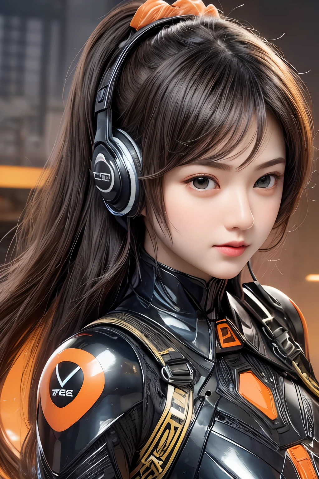 Top Quality, Masterpiece, Ultra High Resolution, (Photorealistic: 1.4), Raw Photo, 1 Girl, Black Hair, Glossy Skin, 1 Mechanical Girl, (((Ultra Realistic Details)), Portrait, Global Illumination, Shadows, Octane Rendering, 8K, Ultra Sharp, Intricate Ornaments Details, Futuristic Gaming Headphone, nixie suga,  very intricate detail, realistic light, CGSoation trend, brown eyes, glowing eyes, facing the camera, matte black and glossy orange bodysuit, orange lining on suit, Long hair, Ponytail hair, Half body shot, holding a donut 