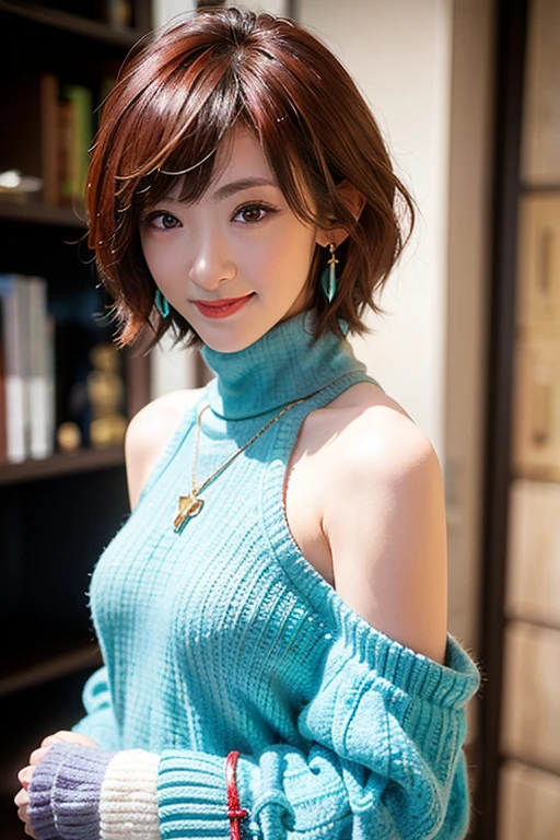 (red lips:1.4), full body, (turtleneck cable knit oversize sweater dress:1.2), , 1girl,solo,
(8k, RAW photo, best quality, masterpiece:1.3),(realistic, photo-realistic:1.37),realistic skin texture,(photorealistic:1.3),(hyperrealistic:1.2), (short hair:1.4) , seducting pose, (cyan colored clothes:1.7), (red hair:1.7), (seducting smile:1.4), (detached sleeves:1.4), (cheek dimples:1.4), (narrow shoulders:1.7), earrings, golden necklace, 