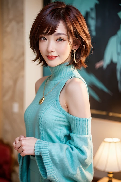 (red lips:1.4), full body, (turtleneck cable knit oversize sweater dress:1.2), , 1girl,solo,
(8k, RAW photo, best quality, masterpiece:1.3),(realistic, photo-realistic:1.37),realistic skin texture,(photorealistic:1.3),(hyperrealistic:1.2), (short hair:1.4) , seducting pose, (cyan colored clothes:1.7), (red hair:1.7), (seducting smile:1.4), (detached sleeves:1.4), (cheek dimples:1.4), (narrow shoulders:1.7), earrings, golden necklace, 