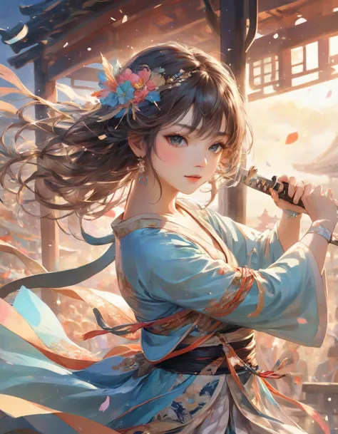 ((sword))in your hand,戦いを挑むsword士,she is dressed as a female dancer.,(swordを構える),an illustration,animation,sword士は女装をして敵を油断させました...