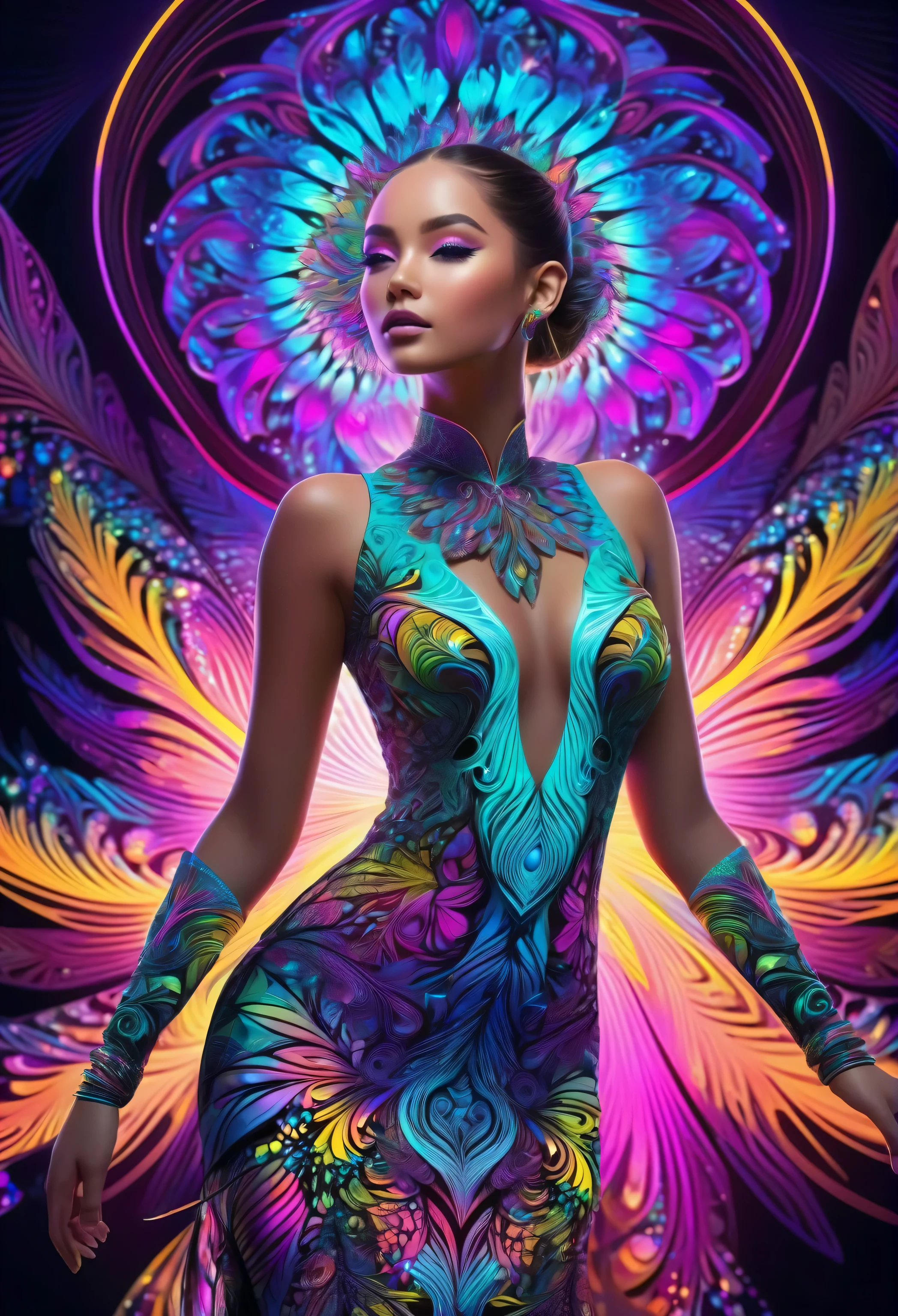 Full body, (masterpiece, top quality, best quality, official art, beautiful and aesthetic:1.2), (1girl:1.3), extremely detailed,(fractal art:1.2),colorful,highest detailed,( zentangle neon:1.2), (dynamic pose), (abstract background neon:1.5), (treditional dress:1.2), (shiny skin), (many colors:1.4), long curly neon colour hair, Neon,16K,Full HD