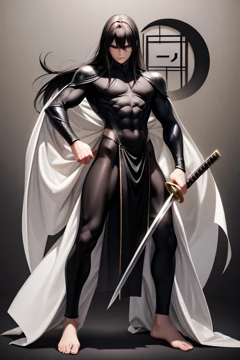 swordsman, cartoon superhero, doesn't look strong but is a master swordsman, no aura at all, long black hair, stubble, pale japa...