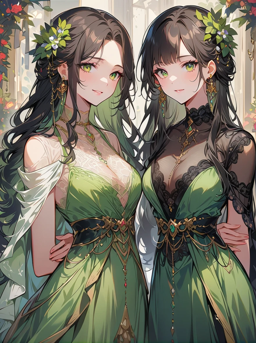 ((High quality work)), Simple and clean lines, The green dress and beautiful ruffled lace complement each other, Enriches the layering of the entire picture, Elegant Edwardian lace dresses and princess dresses add a lot of color to the character, Hands behind back gesture , It also shows the gentle and elegant side of women.