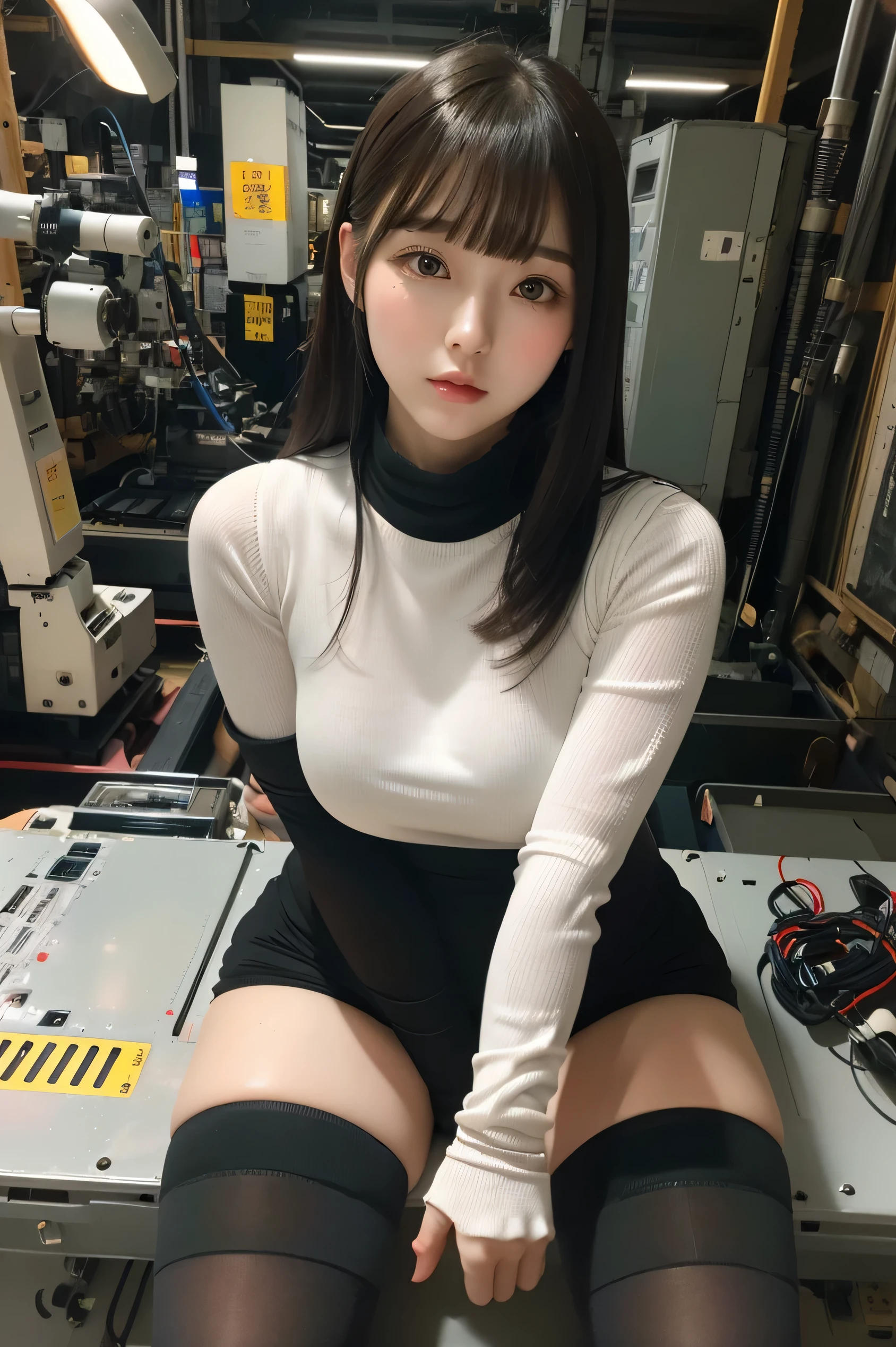 masterpiece, best quality, extremely detailed,portrait, Japanese android girl,Plump,a bit chubby,control panels,robot arms,robot,android,cyborg,white robot body,perfect robot body,blunt bangs,robot repair plant,black knee high socks,