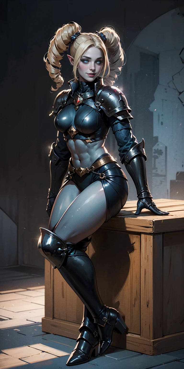 full body sitting on a bench showing ass to me, BLUE breastplate, BLUE skin (1girl)(BLUE skin:1.2), looking at viewer, shiny, armor, thigh highs, high boots, pauldrons shoulder armor, faulds, poleyn, gloves, gauntlets, rerebrace armored boots, (masterpiece, best quality, ultra-detailed, best shadow) yordle pointy ears muscular lean platinum blonde long twin-tails hairstyle at the office lustful smirking smile face red blushed, blush, strong abs, female body builder, tiara, twin drills hair