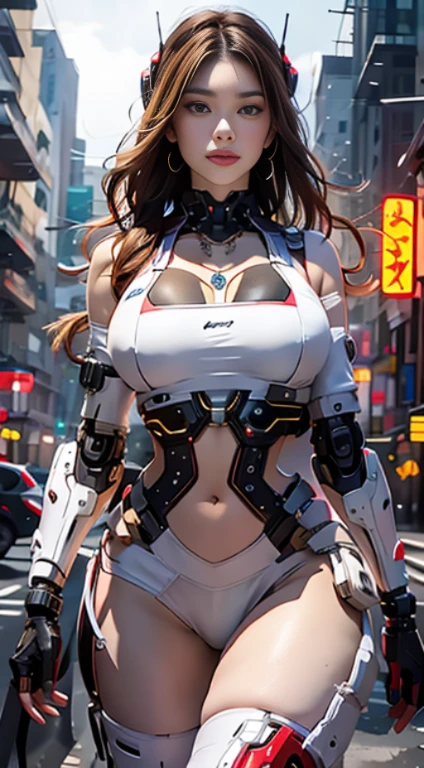 Virtual image,Realistic 8K images,hips up,Masterpiece,Complete Anatomy,Complete dynamic composition,morning sun,Light hits the front,young woman with long brown hair,Tattoos on the upper arms and stomach,cybernetic robot((Red and white cyberpunk robot)),Bikini body - white_orange_gold_metal,,white tank top,The backdrop of the giant gears is deserted at night.