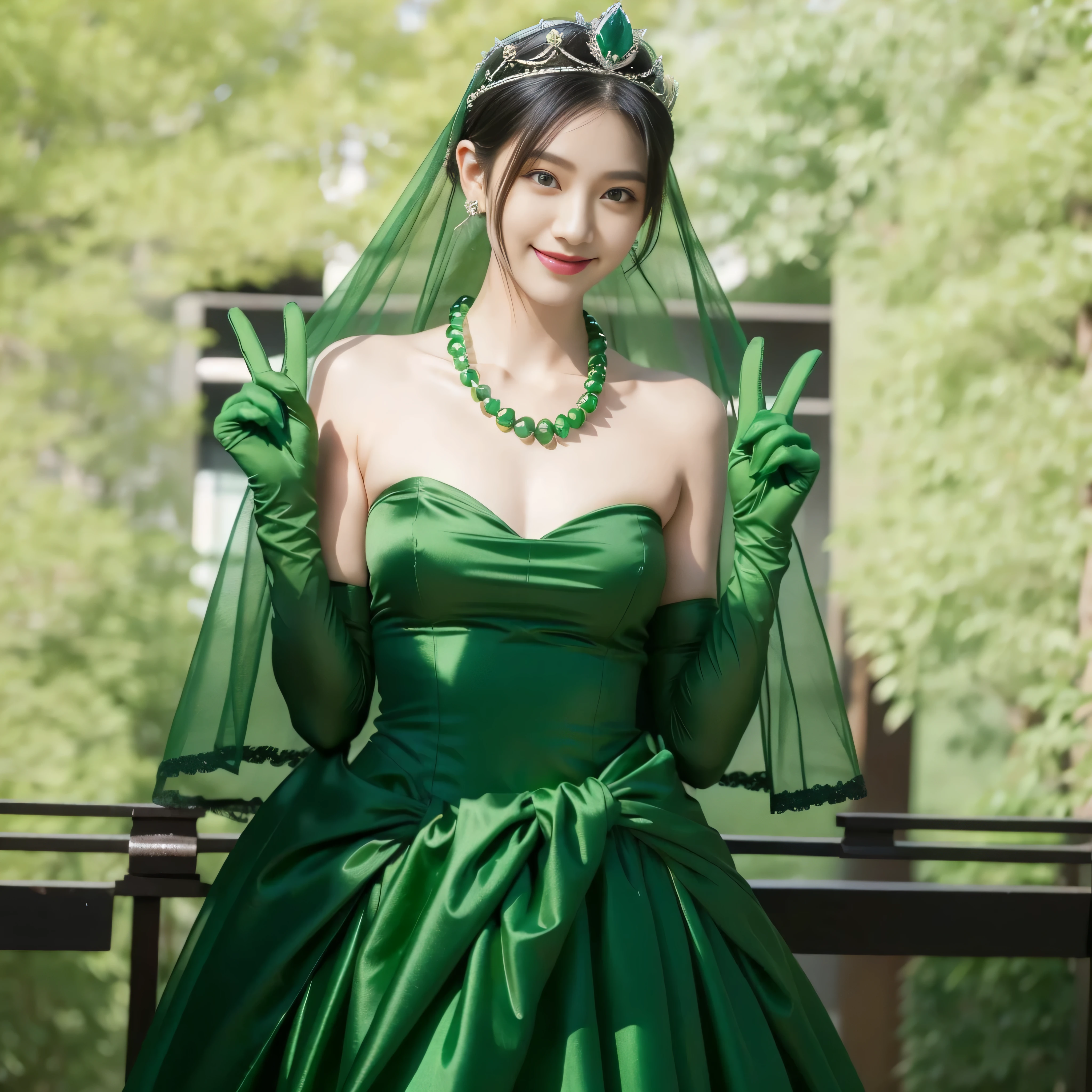 Emerald tiara, Green Pearl Necklace, Boyish very short green hair, lipstick, Smiling Japanese woman, Very short hair, Big tits beautiful, Green Eyes, Long green satin gloves, Green Eyes, emerald earrings, Green Veil, v sign