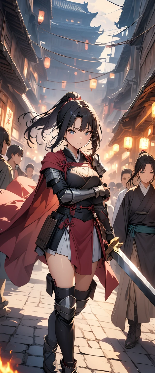 ((Masterpiece, top quality, high resolution)), ((highly detailed CG unified 8K wallpaper)), A female swordsman in Chinese clothes, Hero of the Three Kingdoms, (A large sword is held in both hands), She has long black hair tied back, wears iron armor and a red cape, and fights enemy soldiers against the backdrop of a burning city,