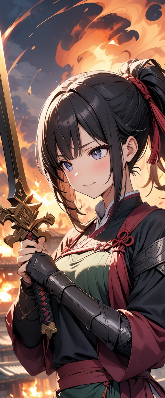 ((Masterpiece, top quality, high resolution)), ((highly detailed CG unified 8K wallpaper)), A female swordsman in Chinese clothes, Hero of the Three Kingdoms, (A large sword is held in both hands), She has long black hair tied back, wears iron armor and a red cape, and fights enemy soldiers against the backdrop of a burning city,
