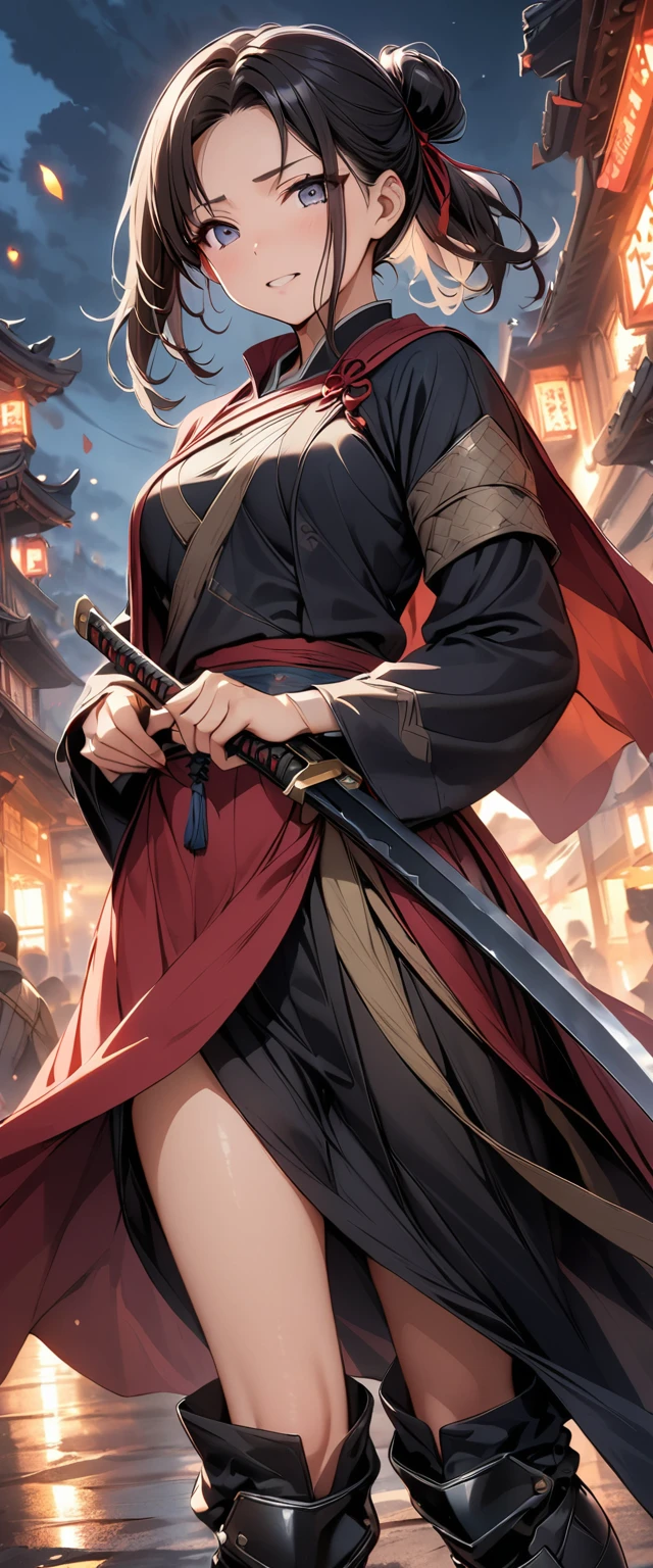 ((Masterpiece, top quality, high resolution)), ((highly detailed CG unified 8K wallpaper)), A female swordsman in Chinese clothes, Hero of the Three Kingdoms, (A large sword is held in both hands), She has long black hair tied back, wears iron armor and a red cape, and fights enemy soldiers against the backdrop of a burning city,