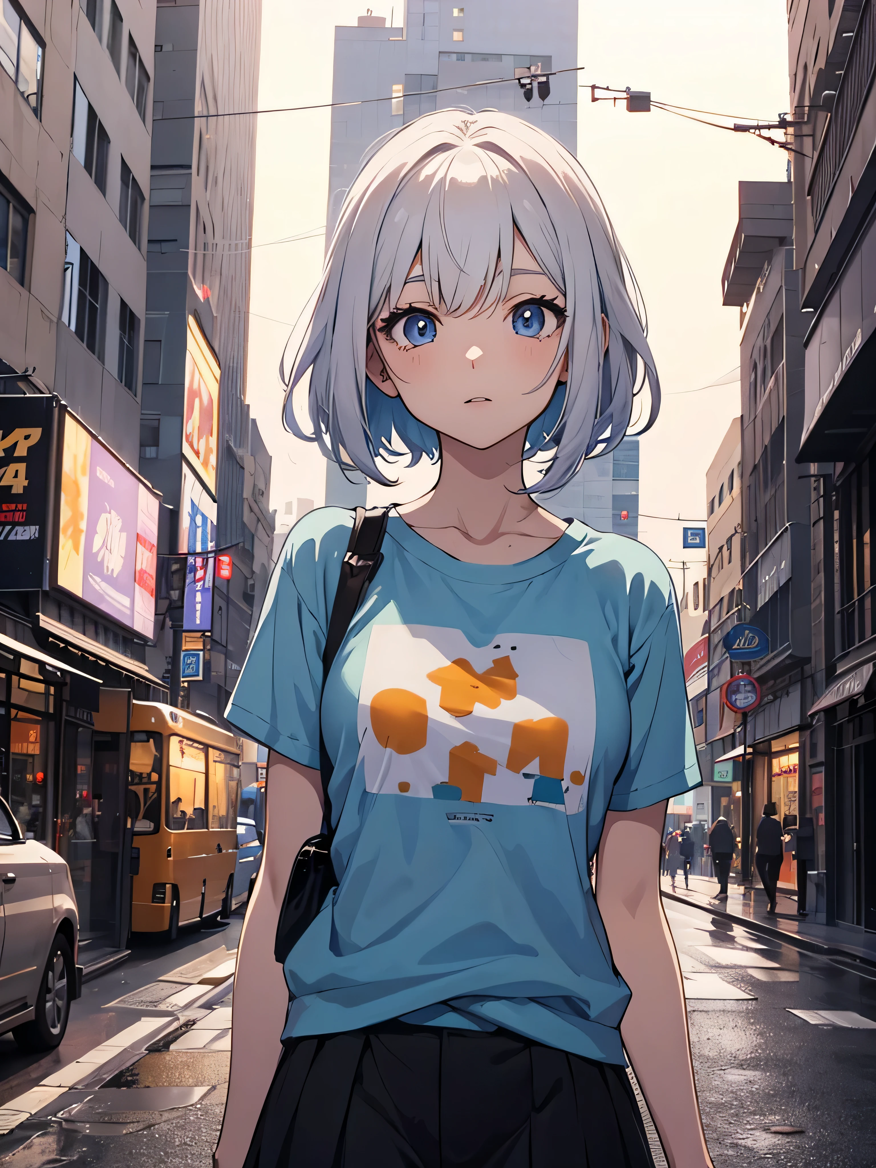 White haired blue eyed anime girl in the city, Enchanting anime girl, T-Shirts, perfect Gray Haired Girl, Gray Haired Girl, Detailed digital anime art, Beautiful Anime Girls, Anime Style 4k, anime art wallpaper 8k, Beautiful and attractive anime woman, Advanced Digital Animation Art, Beautiful Anime Women, 4k anime wallpaper, anime art wallpaper 4k, Gray Hair, orange light sign, Large LED Light, orange, Sexy hot body with short hair