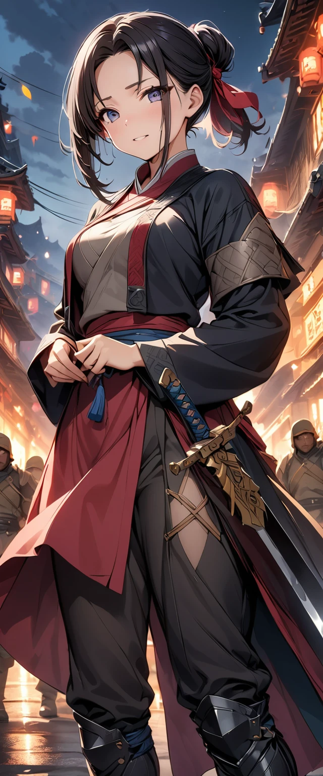 ((Masterpiece, top quality, high resolution)), ((highly detailed CG unified 8K wallpaper)), A female swordsman in Chinese clothes, Hero of the Three Kingdoms, (A large sword is held in both hands), She has long black hair tied back, wears iron armor and a red cape, Surrounded by enemy soldiers with a burning city in the background,