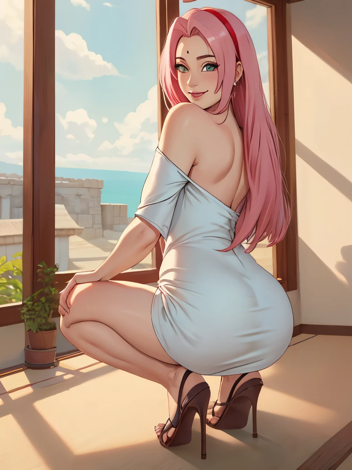 (((robe sexy à épaules dénudées))), Chef-d&#39;œuvre， La meilleure qualité au meilleur， 1fille， Sakura Haruno， (((seins énormes)))，((épaules nues))，（((((encolure)))))，（Gros plan du haut du corps)，sexy，Est timide，sourire，aux cheveux roses， Longs cheveux blanchâtres， （yeux verts:1.4)， protection du front， Les cerisiers，fleurs de cerisier volant, ((((silhouette aux gros seins)))), :1.1, :1.1, Ahegao:1.1,(Énorme gros  ),Demi-fermeture éclair, montrant ses gros seins, Regarder le spectateur, Beaux yeux, sourire séduisant et sexy, beauté sensuelle, fille semelle, seins parfaits