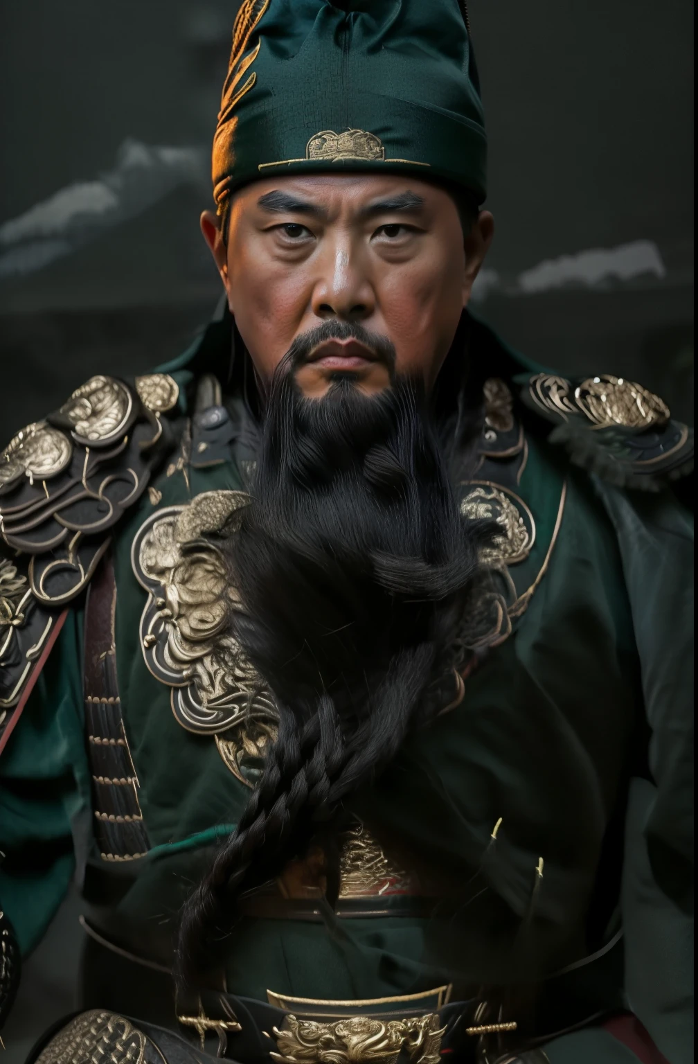 whole body, Including the top of the head, In the picture, (green clothes, Fearless and smart face, (colored skin), (waist-high, Thick black beard): 1.2), (Clothing during the Three Kingdoms period: 1.2), trousers, (Extremely detailed, Bloom: 1.5), (best quality, photo, 4K), (photo: 1.2), (High Definition), (Fine pupils: 1.1), (photo: 1.1), Detailed face and eyes, masterpiece, top quality, (高清photo:1.1), 8k, Reality, (Black hair), (Pure face_V1:0.2), [:(More Face:1.2):0.2], sharp, real, real Shadow, (Chinese Castle Background: 1.2), Guan Yu alone.