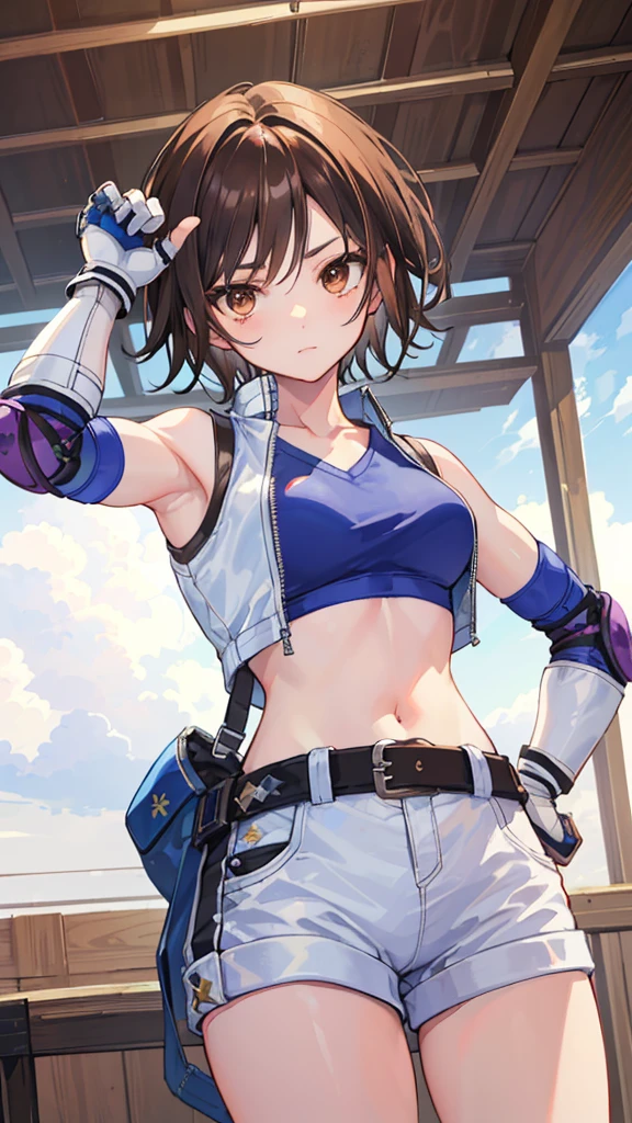 "(masterpiece、Premium Quality:1.2)、alone、1 girl(Asuka Kazama、Short brown hair、White skin、Brown eyes)、Cowboy Shot、A faint smile、Preparing for battle、Tight clothing、Great for sports、Crop top、Shorts、(gloves:1.1)、Elbow pads、belly button