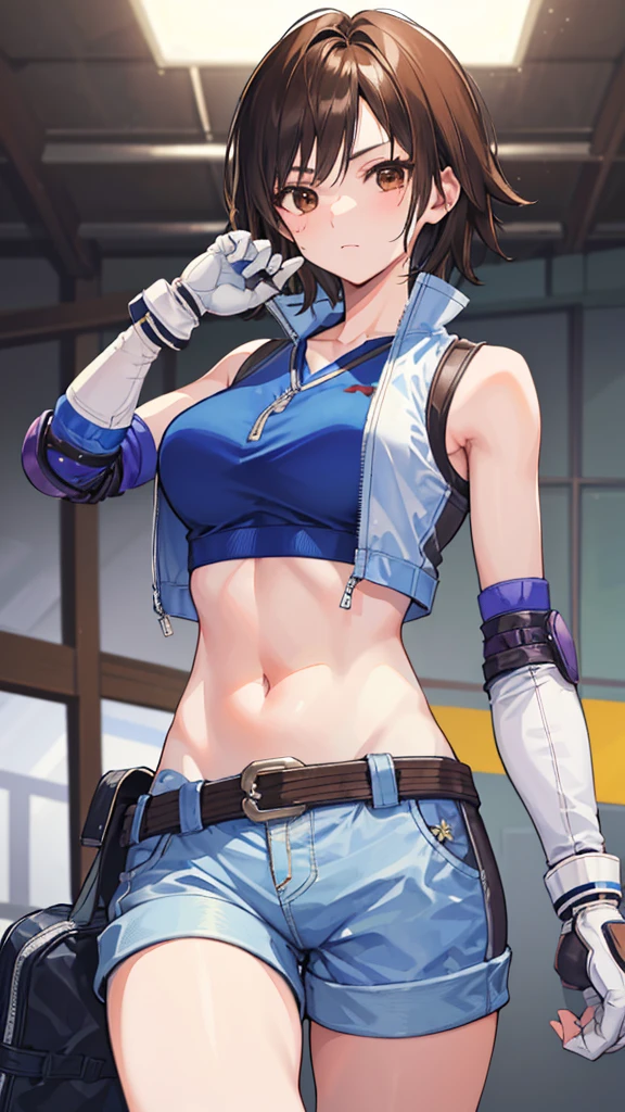 "(masterpiece、Premium Quality:1.2)、alone、1 girl(Asuka Kazama、Short brown hair、White skin、Brown eyes)、Cowboy Shot、A faint smile、Preparing for battle、Tight clothing、Great for sports、Crop top、Shorts、(gloves:1.1)、Elbow pads、belly button