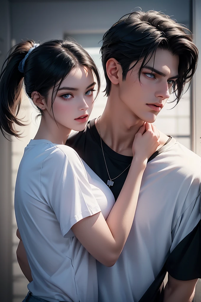 A tall handsome young man with black hair, with long black hair gathered in a tight ponytail, short bangs, blue eyes, he is wearing a white T-shirt and white jeans, he hugs an incredibly beautiful tall fateful young blonde woman with a very short haircut standing next to him, she has dark blue eyes, She is wearing a simple black dress. Masterpiece, perfect image, realistic pictures, detailed face study, full-length image, 8k, detailed image. an extremely detailed illustration, a real masterpiece of the highest quality, with careful drawing.