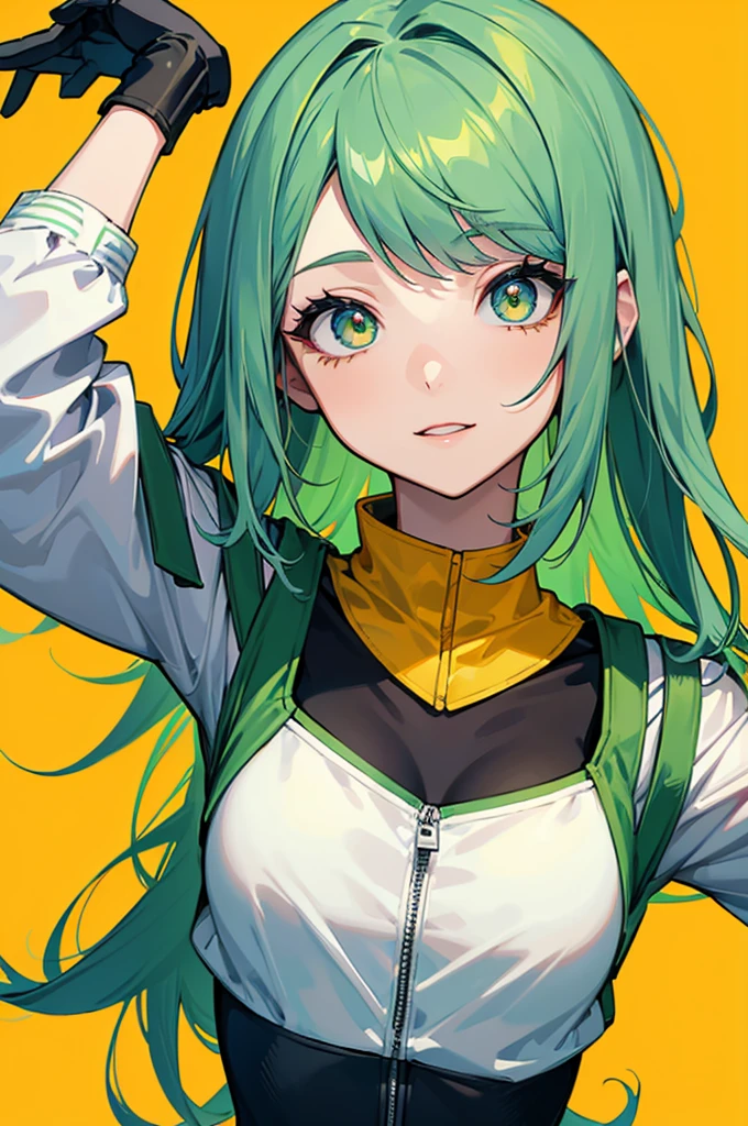 Imagen de una chica de complexion mediana de cuerpo completo con cabello largo de color verde medio oscuro con un rostro que muestra felicidad y con el uniforme del anime my hero academia, sus ojos son de color rojo y amarillo