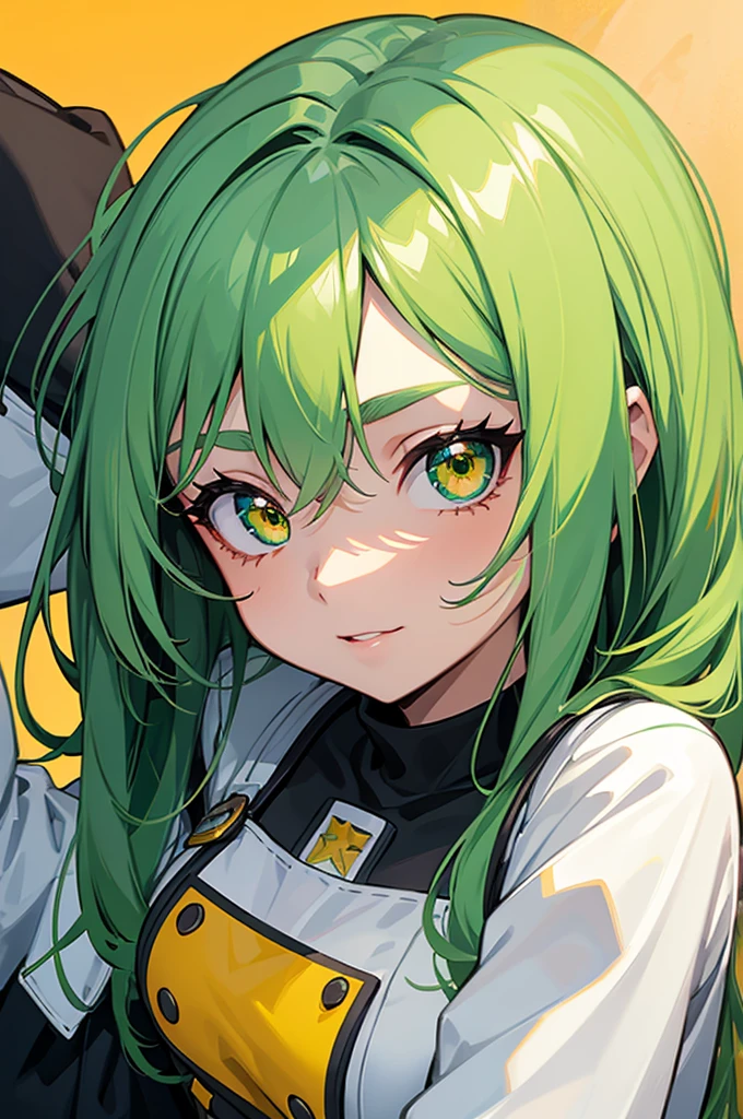 Imagen de una chica de complexion mediana de cuerpo completo con cabello largo de color verde medio oscuro con un rostro que muestra felicidad y con el uniforme del anime my hero academia, sus ojos son de color rojo y amarillo