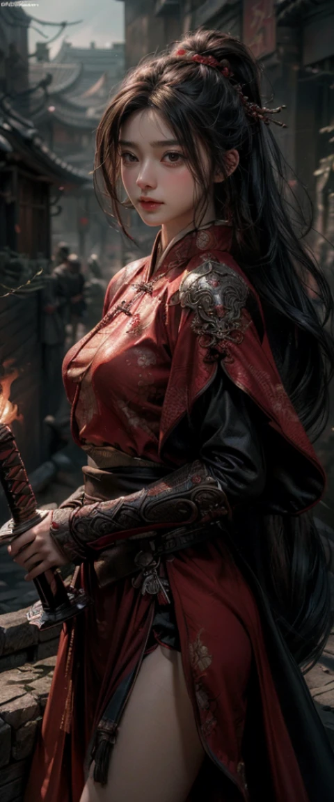 ((Masterpiece, Top Quality, High Resolution, Photorealistic, Raw, 8K wallpaper)), A female swordsman in Chinese clothes, Hero of the Three Kingdoms, (A large sword is held in both hands), She has long black hair tied back, wears iron armor and a red cape, Surrounded by enemy soldiers with a burning city in the background,